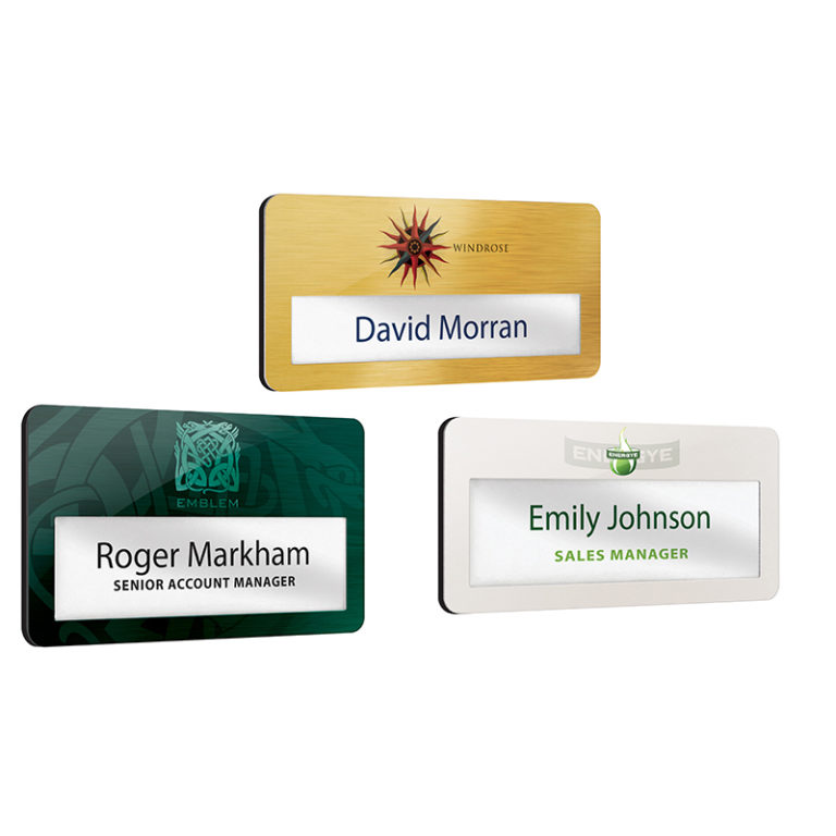 Metal faced reusable name window badges - Redrok